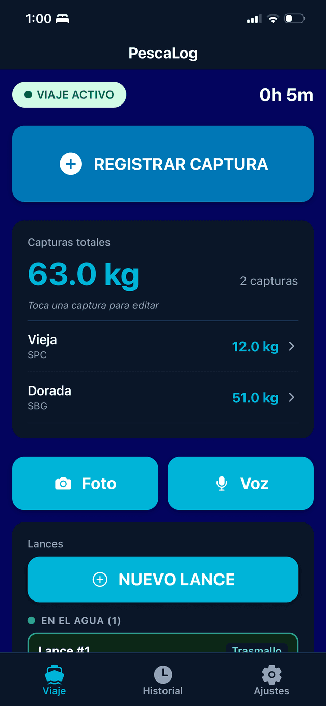 PescaLog - active trip screen with recorded catches